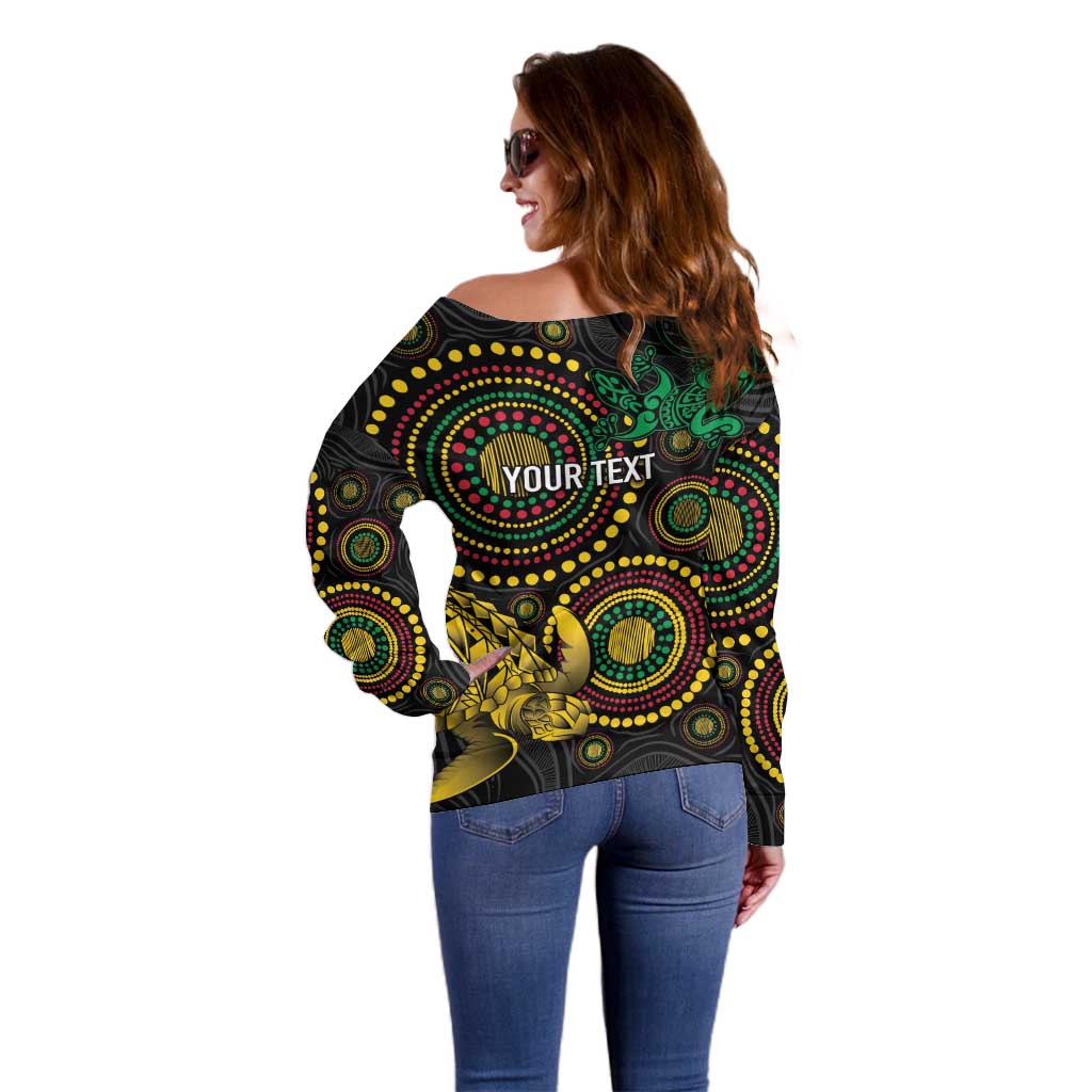 Vanuatu Personalized Aboriginal Arts Off Shoulder Sweater Turtle and Iguana Special - Aussie Hoodie