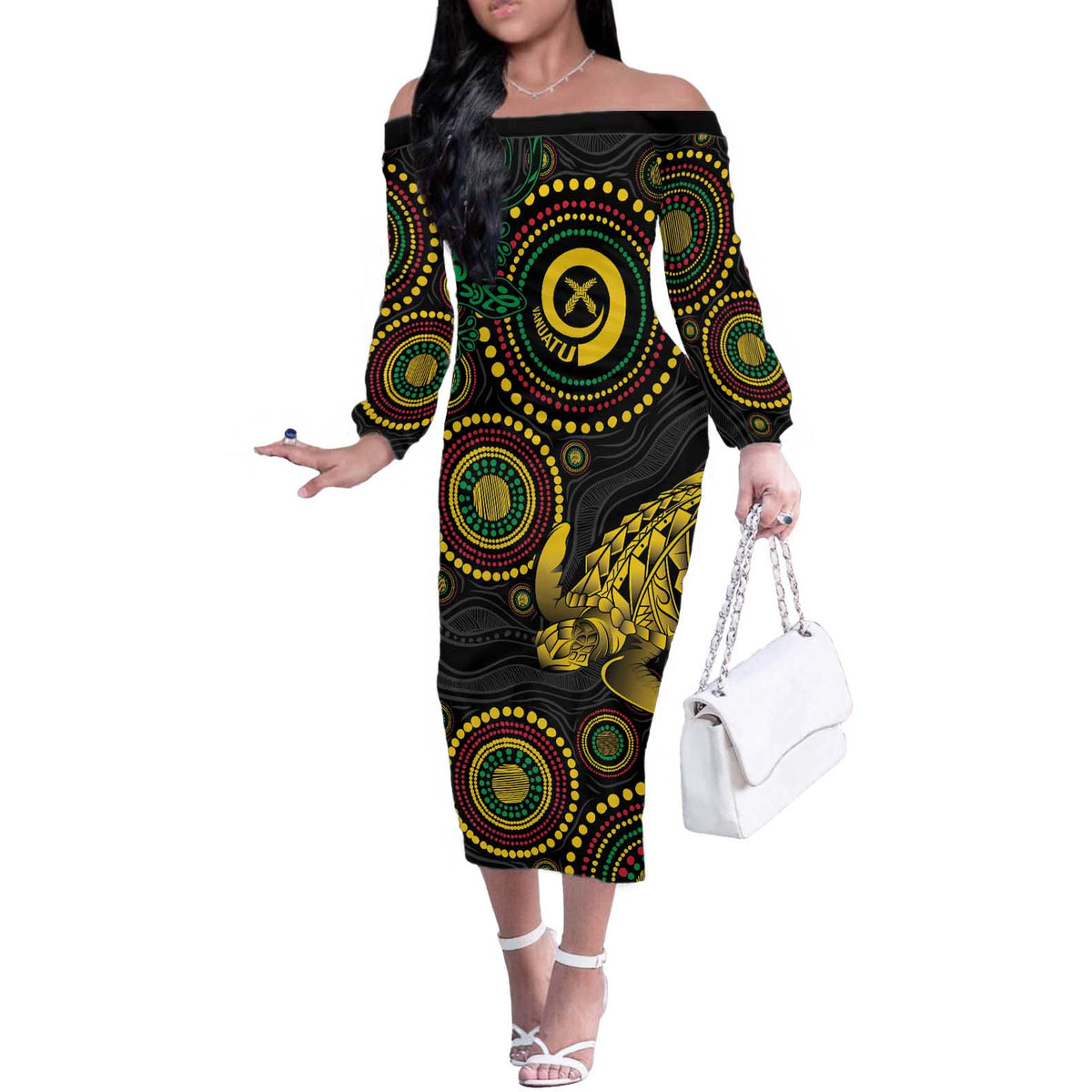 Vanuatu Personalized Aboriginal Arts Off The Shoulder Long Sleeve Dress Turtle and Iguana Special - Aussie Hoodie