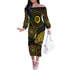 Vanuatu Personalized Aboriginal Arts Off The Shoulder Long Sleeve Dress Turtle and Iguana Special - Aussie Hoodie