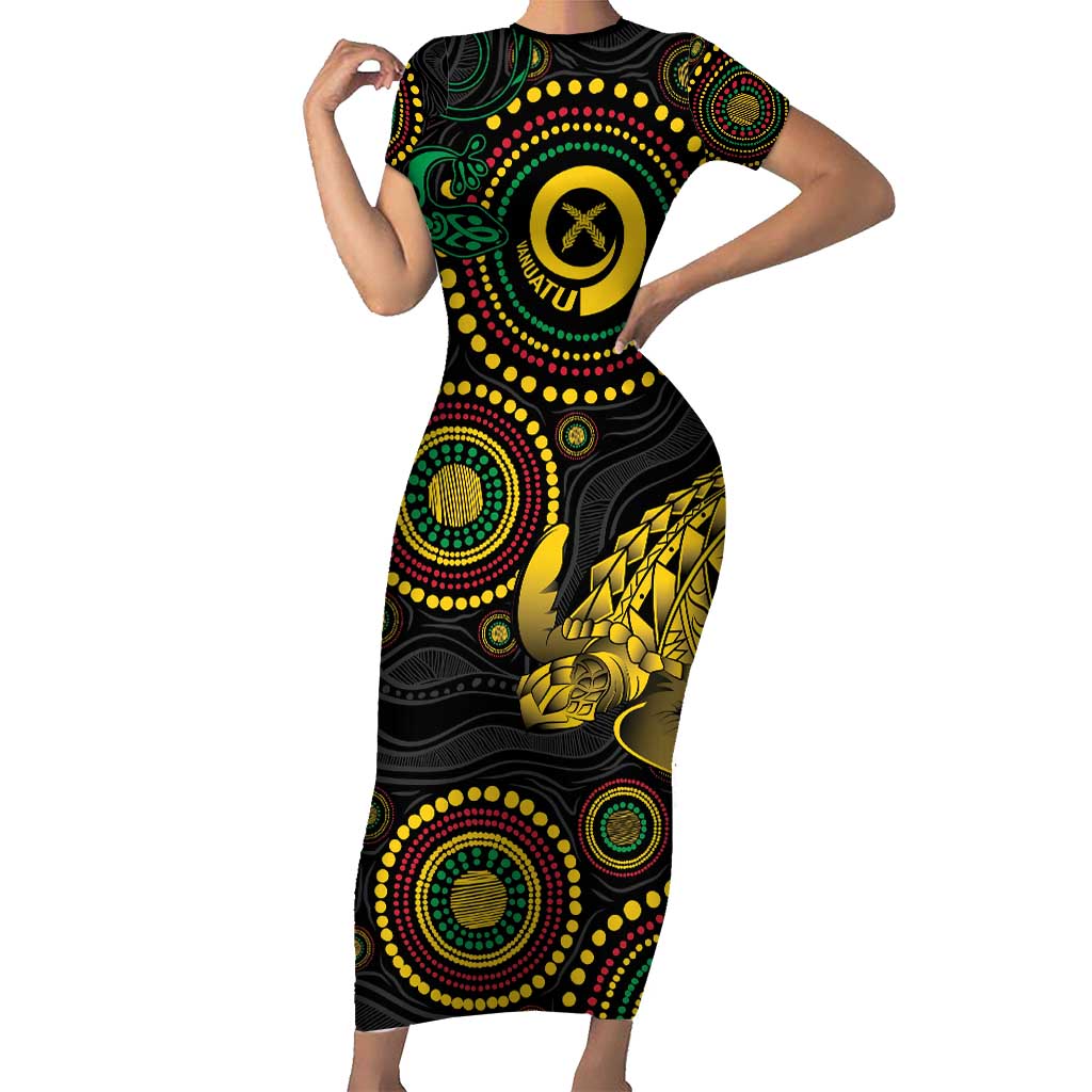 Vanuatu Personalized Aboriginal Arts Short Sleeve Bodycon Dress Turtle and Iguana Special - Aussie Hoodie