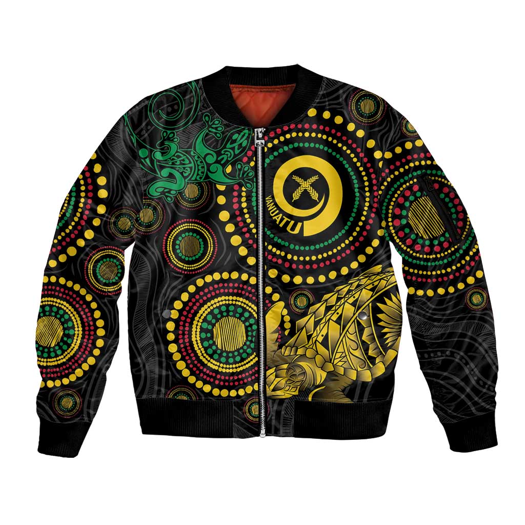 Vanuatu Personalized Aboriginal Arts Sleeve Zip Bomber Jacket Turtle and Iguana Special - Aussie Hoodie