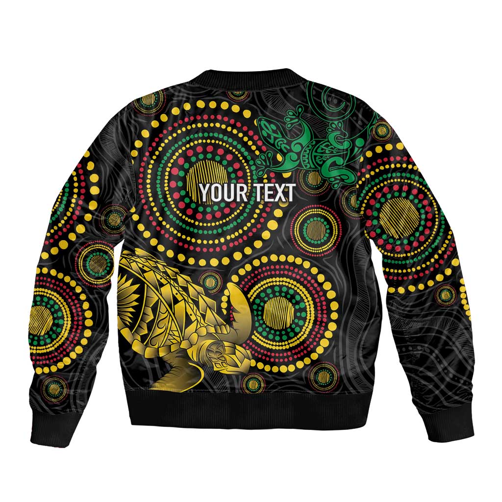 Vanuatu Personalized Aboriginal Arts Sleeve Zip Bomber Jacket Turtle and Iguana Special - Aussie Hoodie