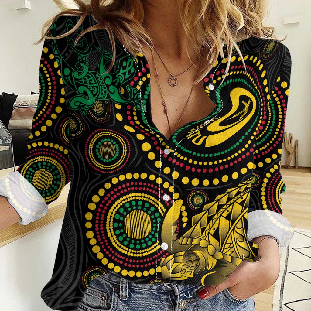 Vanuatu Personalized Aboriginal Arts Women Casual Shirt Turtle and Iguana Special - Aussie Hoodie