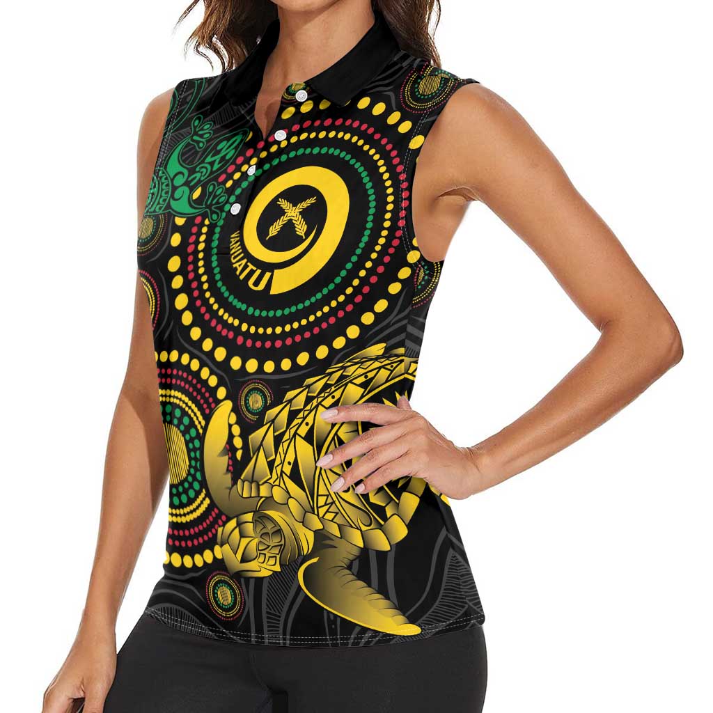 Vanuatu Personalized Aboriginal Arts Women Sleeveless Polo Shirt Turtle and Iguana Special - Aussie Hoodie