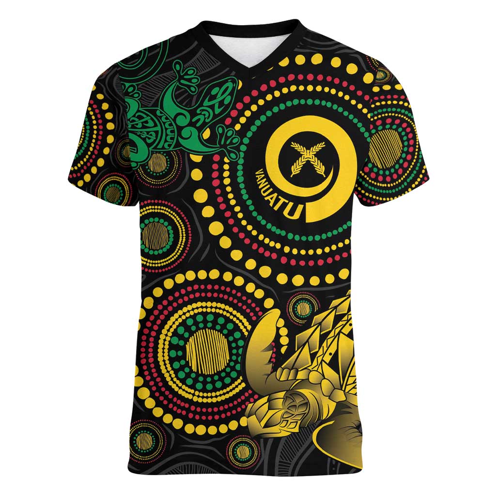 Vanuatu Personalized Aboriginal Arts Women V-Neck T-Shirt Turtle and Iguana Special - Aussie Hoodie