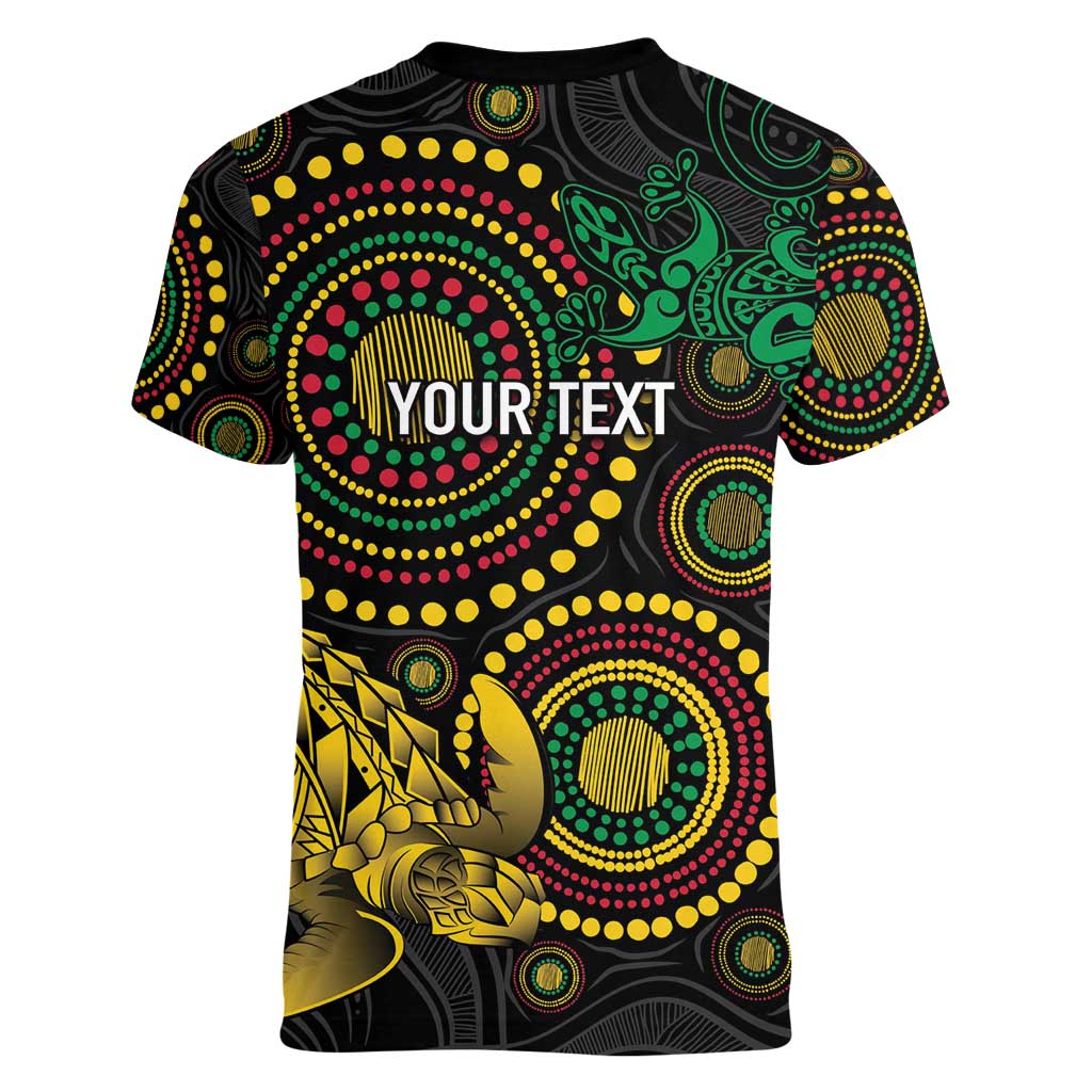 Vanuatu Personalized Aboriginal Arts Women V-Neck T-Shirt Turtle and Iguana Special - Aussie Hoodie