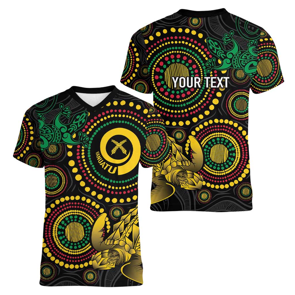 Vanuatu Personalized Aboriginal Arts Women V-Neck T-Shirt Turtle and Iguana Special - Aussie Hoodie
