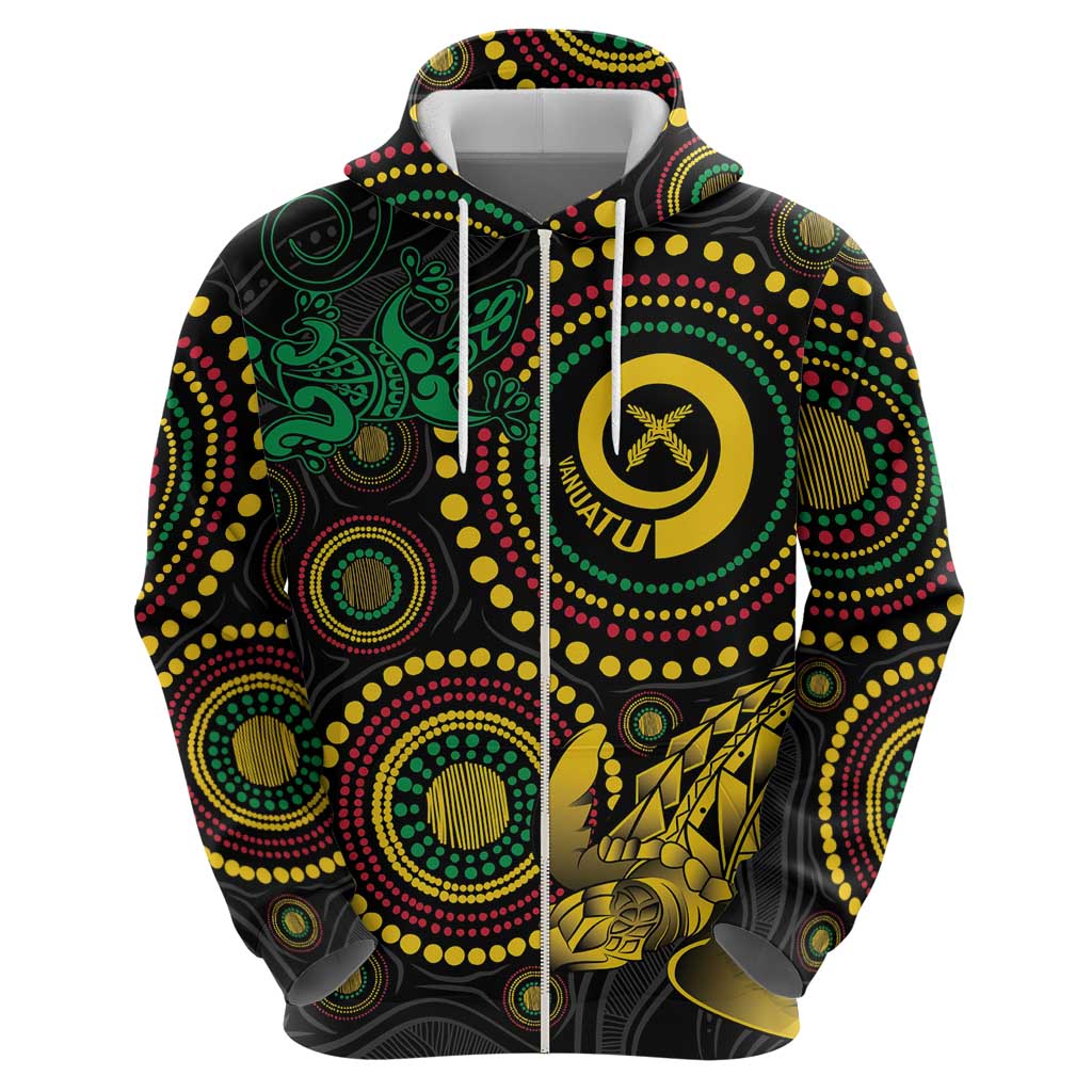 Vanuatu Personalized Aboriginal Arts Zip Hoodie Turtle and Iguana Special - Aussie Hoodie