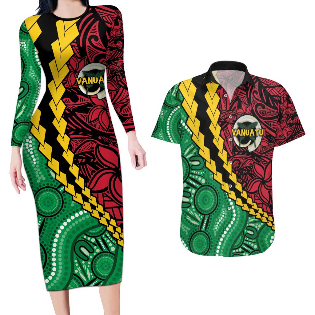 Vanuatu Personalized Tribal Couples Matching Long Sleeve Bodycon Dress and Hawaiian Shirt Aboriginal Inspired Mix Style - Aussie Hoodie