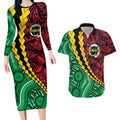 Vanuatu Personalized Tribal Couples Matching Long Sleeve Bodycon Dress and Hawaiian Shirt Aboriginal Inspired Mix Style - Aussie Hoodie