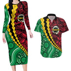 Vanuatu Personalized Tribal Couples Matching Long Sleeve Bodycon Dress and Hawaiian Shirt Aboriginal Inspired Mix Style - Aussie Hoodie