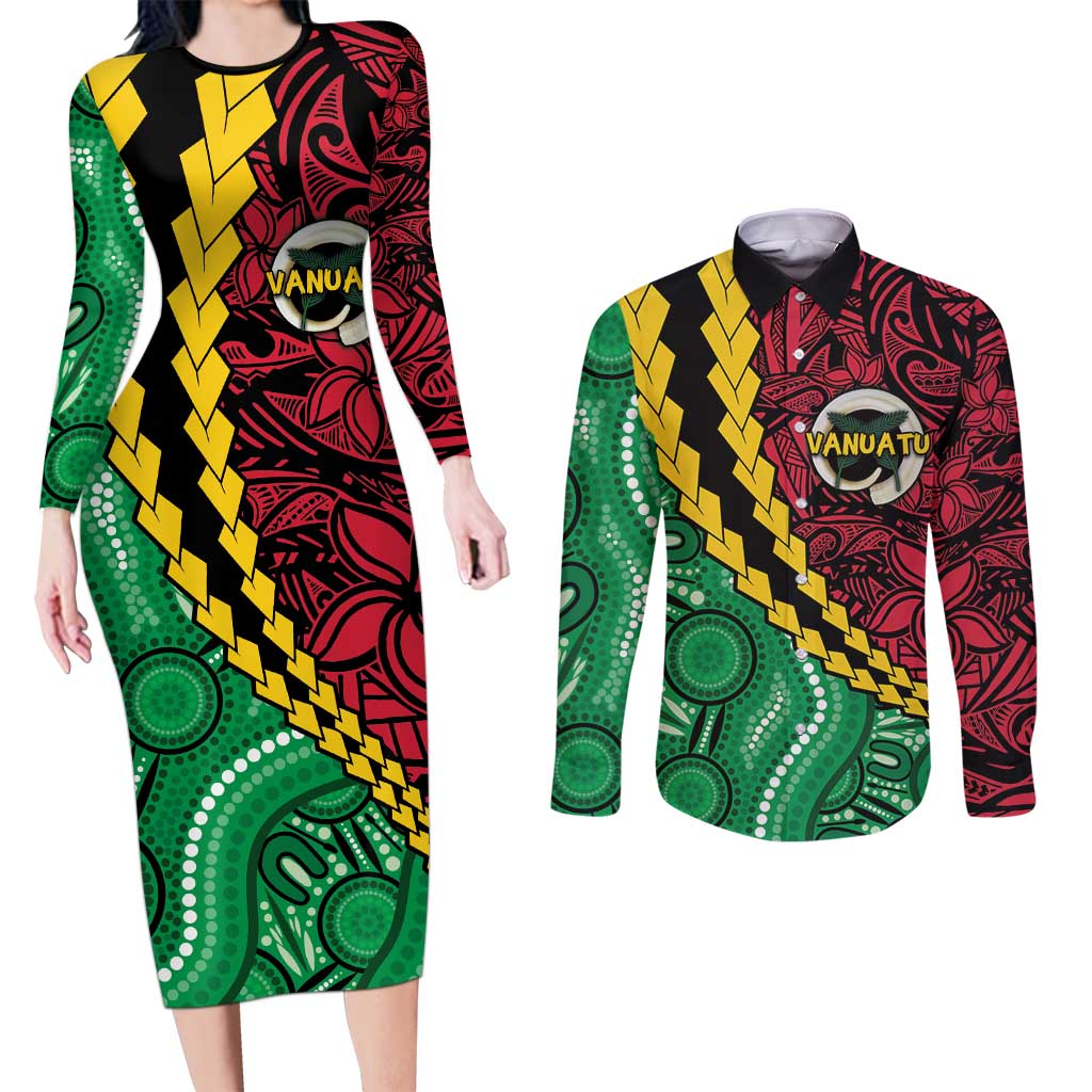 Vanuatu Personalized Tribal Couples Matching Long Sleeve Bodycon Dress and Long Sleeve Button Shirt Aboriginal Inspired Mix Style - Aussie Hoodie