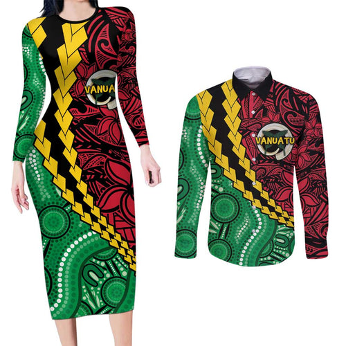 Vanuatu Personalized Tribal Couples Matching Long Sleeve Bodycon Dress and Long Sleeve Button Shirt Aboriginal Inspired Mix Style - Aussie Hoodie