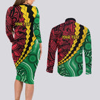 Vanuatu Personalized Tribal Couples Matching Long Sleeve Bodycon Dress and Long Sleeve Button Shirt Aboriginal Inspired Mix Style - Aussie Hoodie