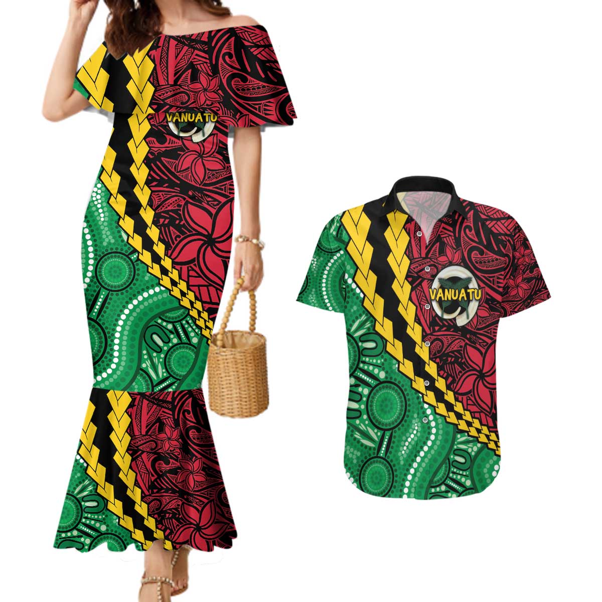 Vanuatu Personalized Tribal Couples Matching Mermaid Dress and Hawaiian Shirt Aboriginal Inspired Mix Style - Aussie Hoodie