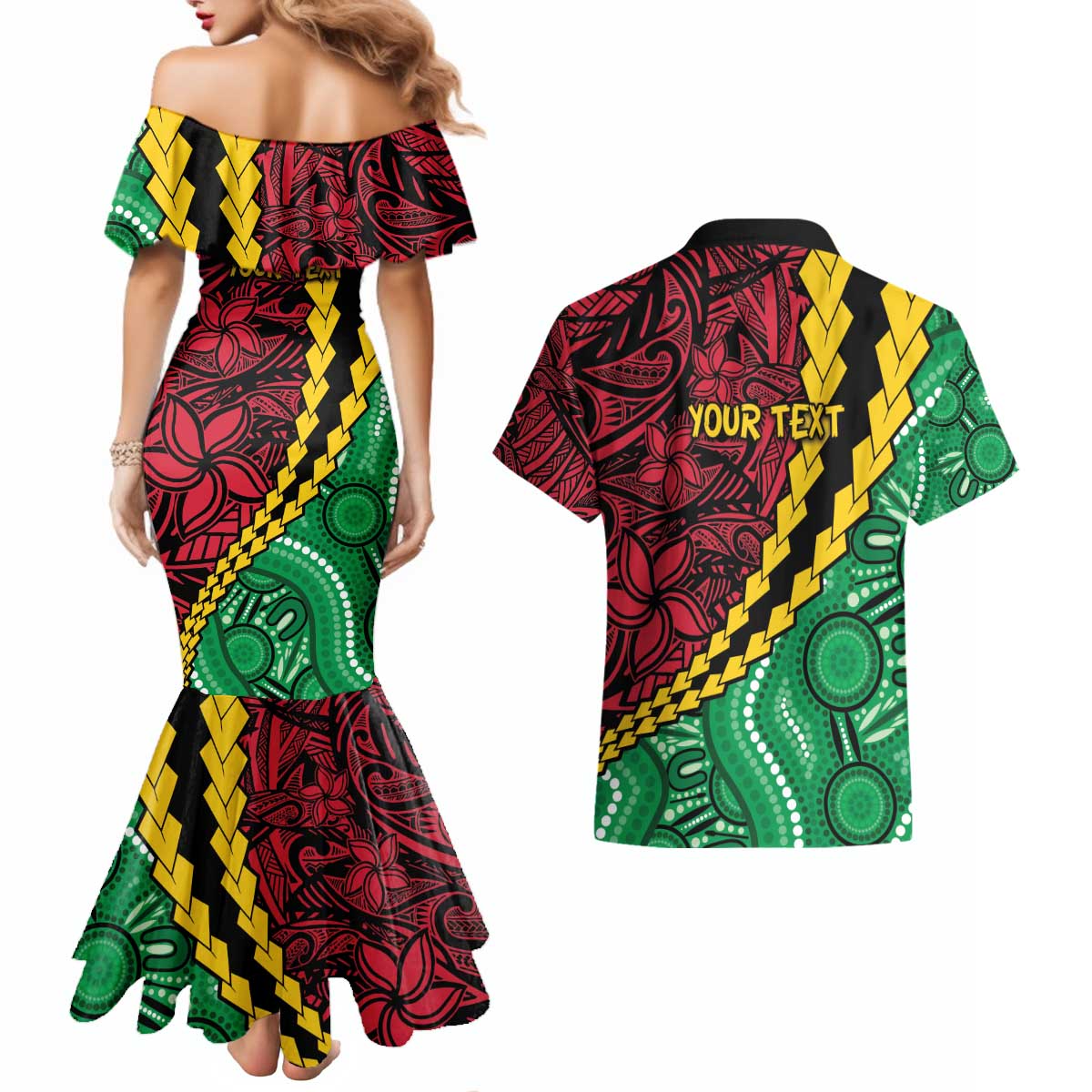 Vanuatu Personalized Tribal Couples Matching Mermaid Dress and Hawaiian Shirt Aboriginal Inspired Mix Style - Aussie Hoodie