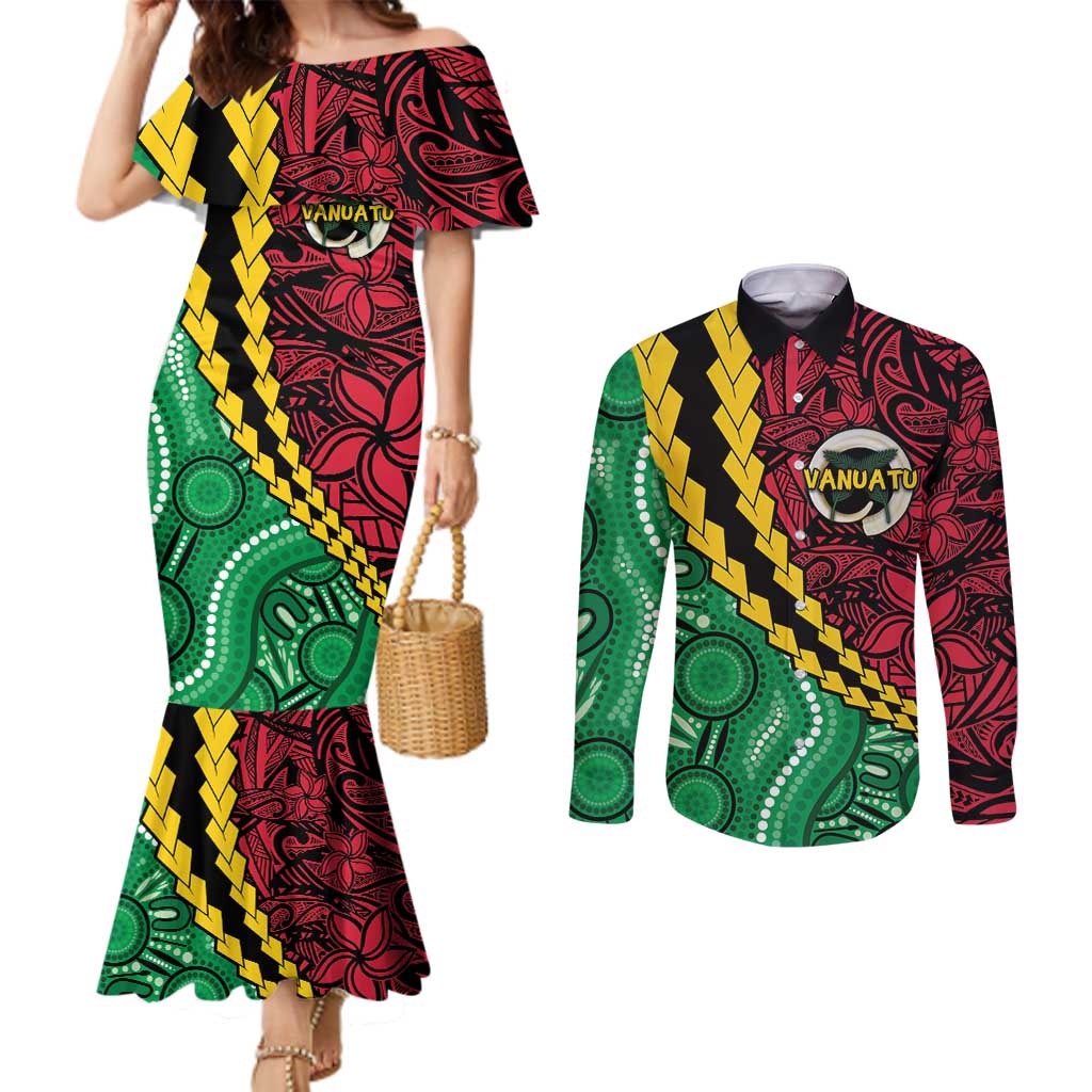 Vanuatu Personalized Tribal Couples Matching Mermaid Dress and Long Sleeve Button Shirt Aboriginal Inspired Mix Style - Aussie Hoodie