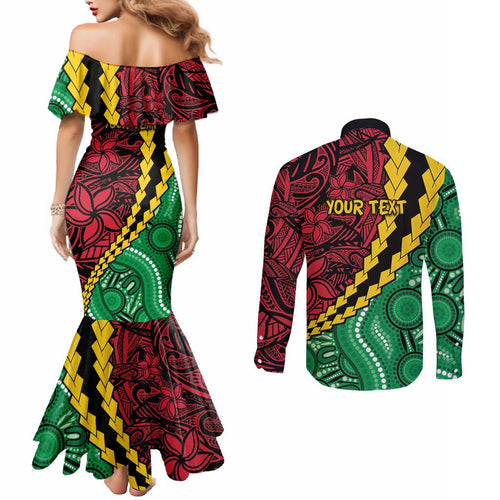 Vanuatu Personalized Tribal Couples Matching Mermaid Dress and Long Sleeve Button Shirt Aboriginal Inspired Mix Style - Aussie Hoodie