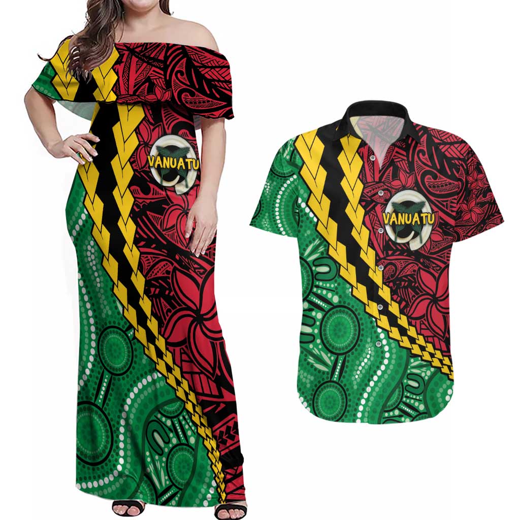 Vanuatu Personalized Tribal Couples Matching Off Shoulder Maxi Dress and Hawaiian Shirt Aboriginal Inspired Mix Style - Aussie Hoodie