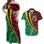 Vanuatu Personalized Tribal Couples Matching Off Shoulder Maxi Dress and Hawaiian Shirt Aboriginal Inspired Mix Style - Aussie Hoodie