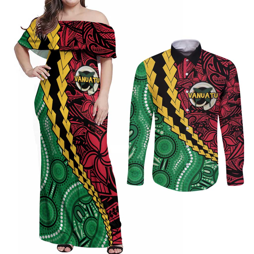 Vanuatu Personalized Tribal Couples Matching Off Shoulder Maxi Dress and Long Sleeve Button Shirt Aboriginal Inspired Mix Style - Aussie Hoodie