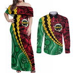 Vanuatu Personalized Tribal Couples Matching Off Shoulder Maxi Dress and Long Sleeve Button Shirt Aboriginal Inspired Mix Style - Aussie Hoodie