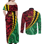 Vanuatu Personalized Tribal Couples Matching Off Shoulder Maxi Dress and Long Sleeve Button Shirt Aboriginal Inspired Mix Style - Aussie Hoodie