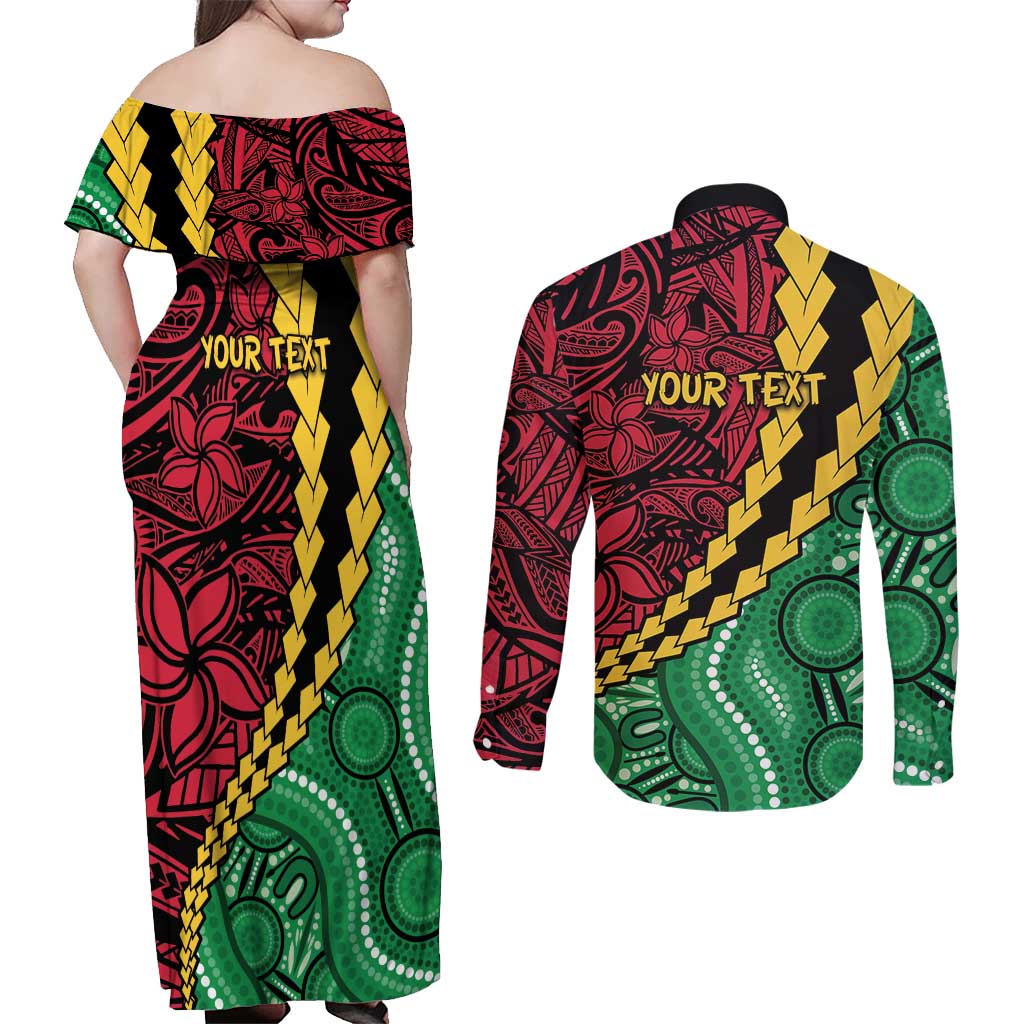 Vanuatu Personalized Tribal Couples Matching Off Shoulder Maxi Dress and Long Sleeve Button Shirt Aboriginal Inspired Mix Style - Aussie Hoodie