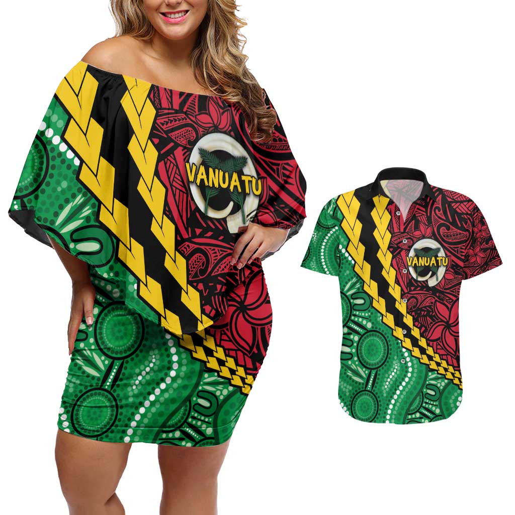 Vanuatu Personalized Tribal Couples Matching Off Shoulder Short Dress and Hawaiian Shirt Aboriginal Inspired Mix Style - Aussie Hoodie
