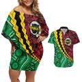 Vanuatu Personalized Tribal Couples Matching Off Shoulder Short Dress and Hawaiian Shirt Aboriginal Inspired Mix Style - Aussie Hoodie