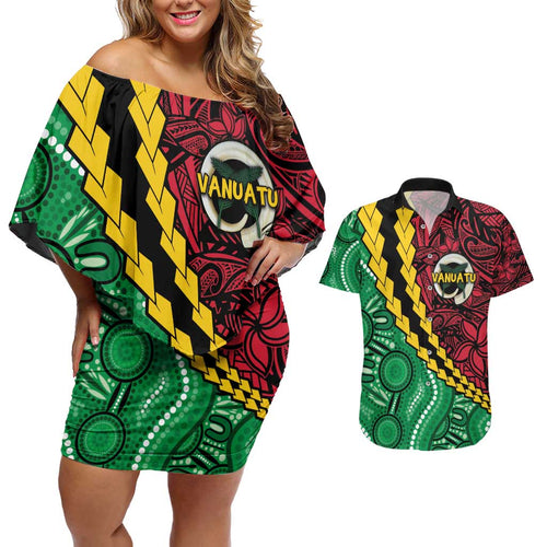 Vanuatu Personalized Tribal Couples Matching Off Shoulder Short Dress and Hawaiian Shirt Aboriginal Inspired Mix Style - Aussie Hoodie