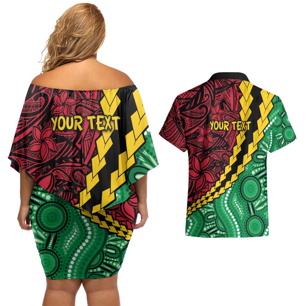 Vanuatu Personalized Tribal Couples Matching Off Shoulder Short Dress and Hawaiian Shirt Aboriginal Inspired Mix Style - Aussie Hoodie