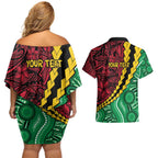 Vanuatu Personalized Tribal Couples Matching Off Shoulder Short Dress and Hawaiian Shirt Aboriginal Inspired Mix Style - Aussie Hoodie