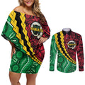 Vanuatu Personalized Tribal Couples Matching Off Shoulder Short Dress and Long Sleeve Button Shirt Aboriginal Inspired Mix Style - Aussie Hoodie