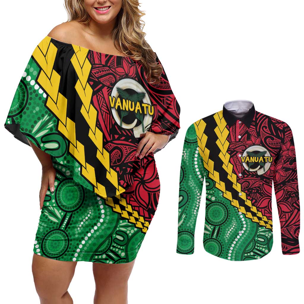 Vanuatu Personalized Tribal Couples Matching Off Shoulder Short Dress and Long Sleeve Button Shirt Aboriginal Inspired Mix Style - Aussie Hoodie