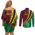 Vanuatu Personalized Tribal Couples Matching Off Shoulder Short Dress and Long Sleeve Button Shirt Aboriginal Inspired Mix Style - Aussie Hoodie