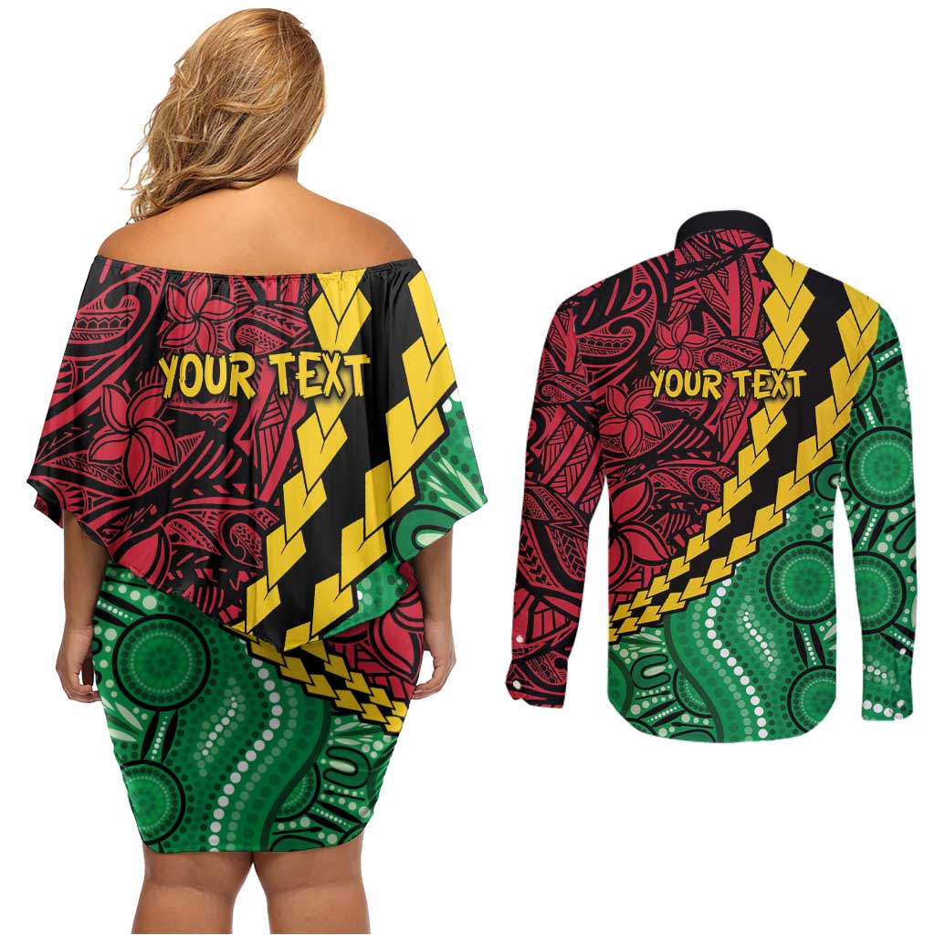Vanuatu Personalized Tribal Couples Matching Off Shoulder Short Dress and Long Sleeve Button Shirt Aboriginal Inspired Mix Style - Aussie Hoodie