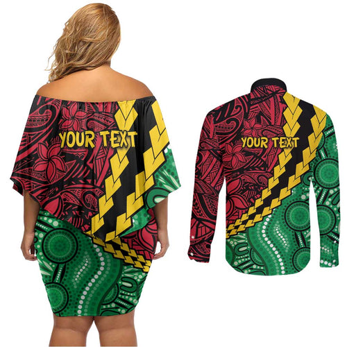 Vanuatu Personalized Tribal Couples Matching Off Shoulder Short Dress and Long Sleeve Button Shirt Aboriginal Inspired Mix Style - Aussie Hoodie