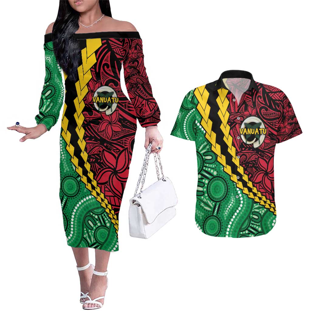 Vanuatu Personalized Tribal Couples Matching Off The Shoulder Long Sleeve Dress and Hawaiian Shirt Aboriginal Inspired Mix Style - Aussie Hoodie