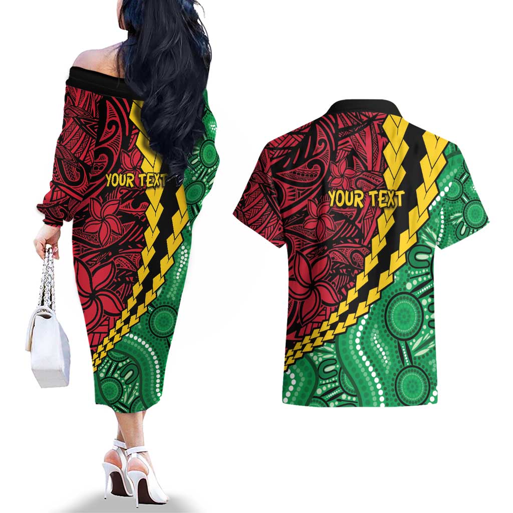 Vanuatu Personalized Tribal Couples Matching Off The Shoulder Long Sleeve Dress and Hawaiian Shirt Aboriginal Inspired Mix Style - Aussie Hoodie