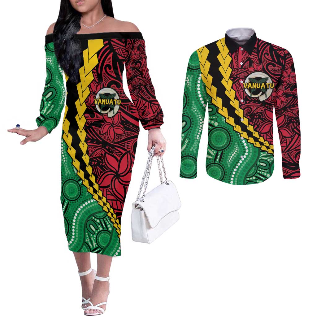 Vanuatu Personalized Tribal Couples Matching Off The Shoulder Long Sleeve Dress and Long Sleeve Button Shirt Aboriginal Inspired Mix Style - Aussie Hoodie