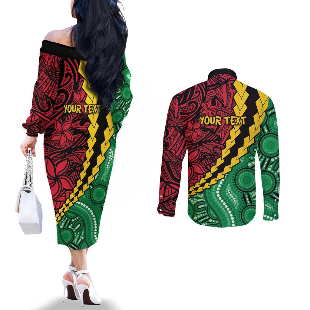 Vanuatu Personalized Tribal Couples Matching Off The Shoulder Long Sleeve Dress and Long Sleeve Button Shirt Aboriginal Inspired Mix Style - Aussie Hoodie
