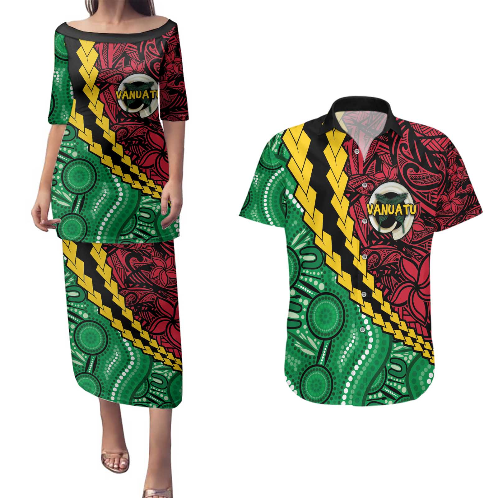 Vanuatu Personalized Tribal Couples Matching Puletasi and Hawaiian Shirt Aboriginal Inspired Mix Style - Aussie Hoodie