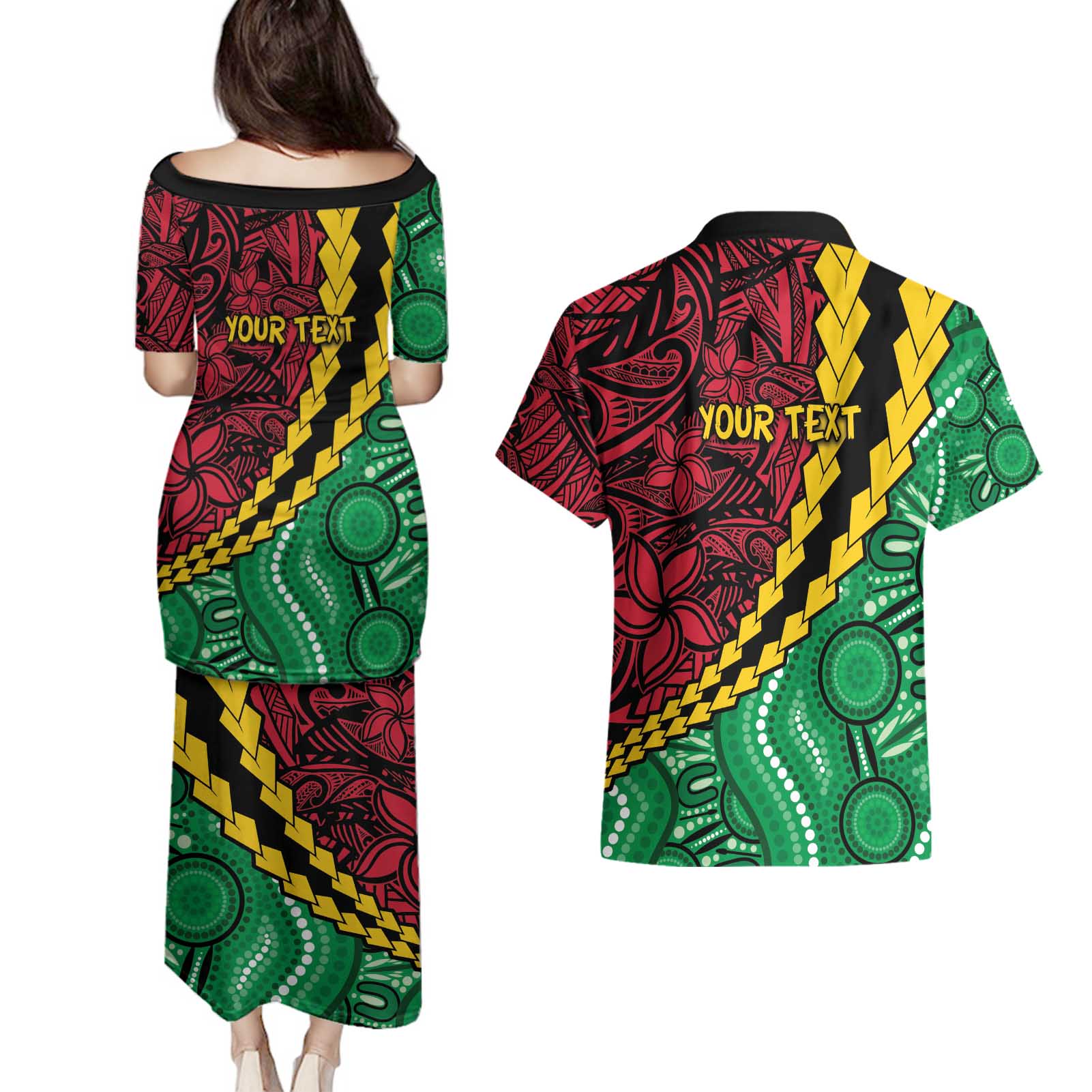 Vanuatu Personalized Tribal Couples Matching Puletasi and Hawaiian Shirt Aboriginal Inspired Mix Style - Aussie Hoodie