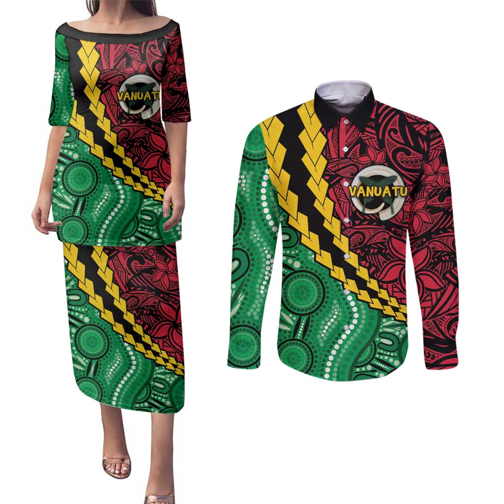 Vanuatu Personalized Tribal Couples Matching Puletasi and Long Sleeve Button Shirt Aboriginal Inspired Mix Style - Aussie Hoodie