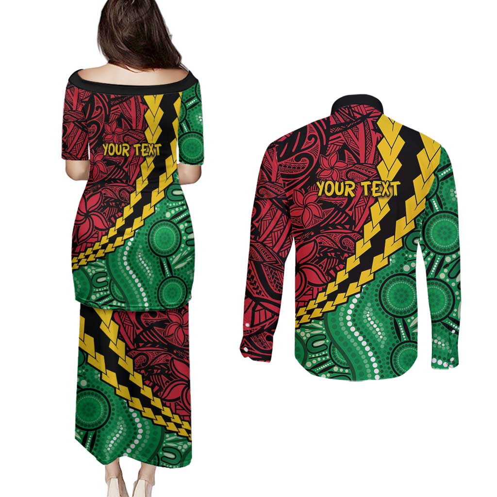 Vanuatu Personalized Tribal Couples Matching Puletasi and Long Sleeve Button Shirt Aboriginal Inspired Mix Style - Aussie Hoodie