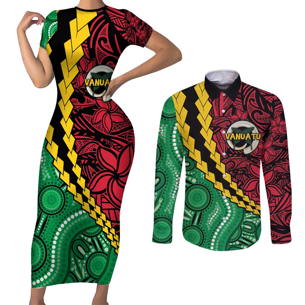 Vanuatu Personalized Tribal Couples Matching Short Sleeve Bodycon Dress and Long Sleeve Button Shirt Aboriginal Inspired Mix Style - Aussie Hoodie