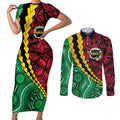 Vanuatu Personalized Tribal Couples Matching Short Sleeve Bodycon Dress and Long Sleeve Button Shirt Aboriginal Inspired Mix Style - Aussie Hoodie