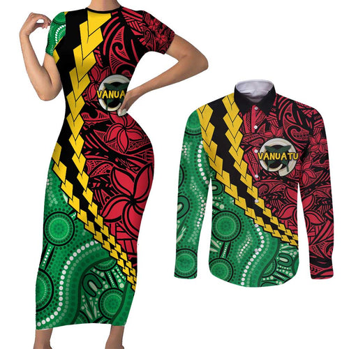 Vanuatu Personalized Tribal Couples Matching Short Sleeve Bodycon Dress and Long Sleeve Button Shirt Aboriginal Inspired Mix Style - Aussie Hoodie
