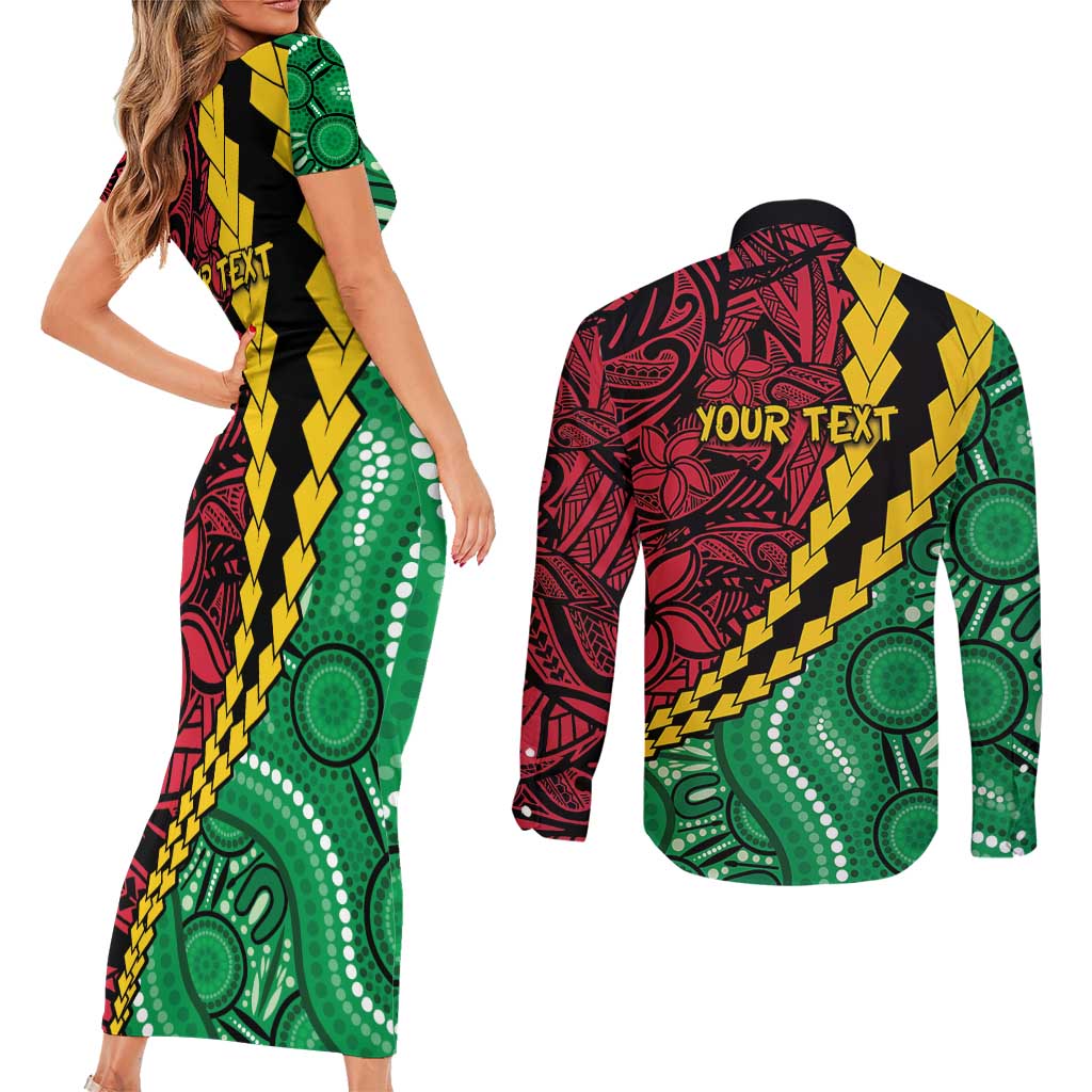 Vanuatu Personalized Tribal Couples Matching Short Sleeve Bodycon Dress and Long Sleeve Button Shirt Aboriginal Inspired Mix Style - Aussie Hoodie